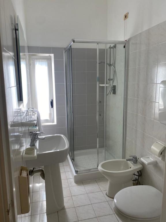 a bathroom with a shower and a toilet and a sink at Hotel Nettuno in Diano Marina