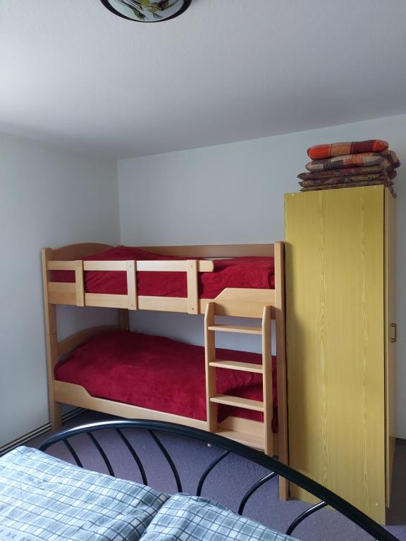 - une chambre avec deux lits superposés et un réfrigérateur dans l'établissement Ferienhaus Greiling, à Quedlinbourg