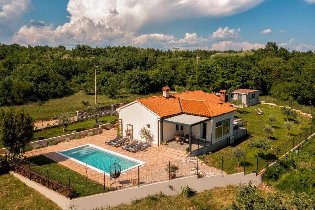 eine Luftansicht eines Hauses mit Pool in der Unterkunft Villa Bogondon in Labin