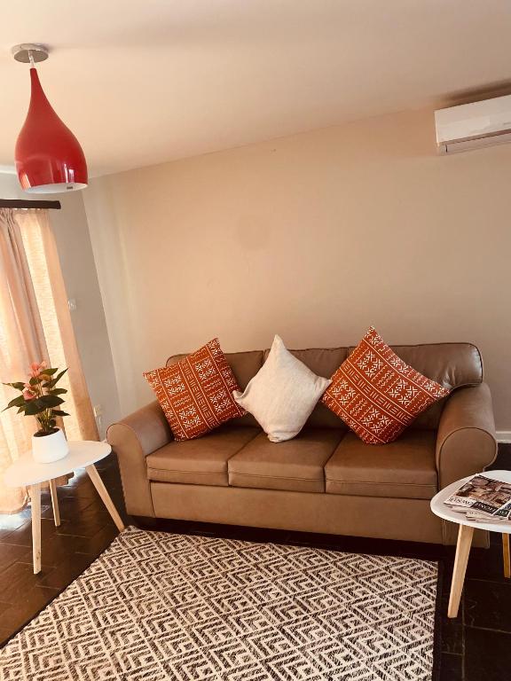 a living room with a brown couch with pillows at Lancy Apartments in Gaborone