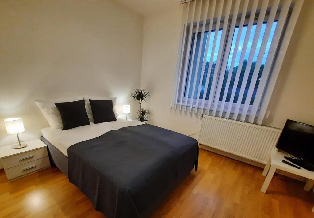 a bedroom with a large bed and a television at Apartment Prague-2 rooms free parking in Prague
