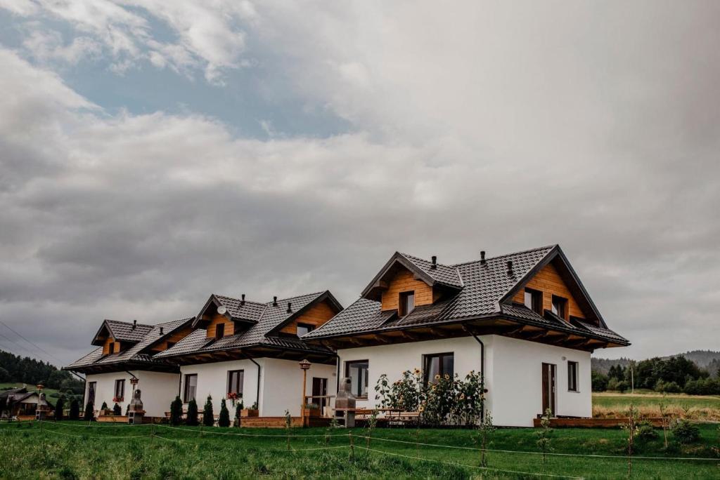 una casa con techo negro en un campo verde en Domki Pod Wulkanem, en Krośnica