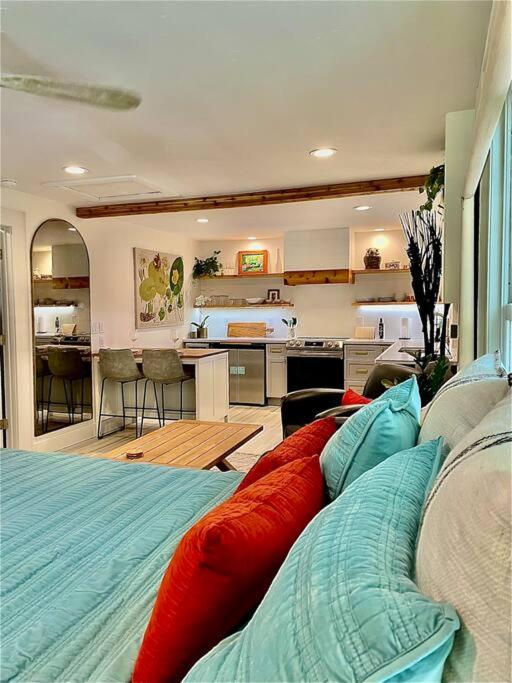 ein Wohnzimmer mit einem Sofa und einer Küche in der Unterkunft The Poe - Stylish Studio in downtown High Springs in High Springs