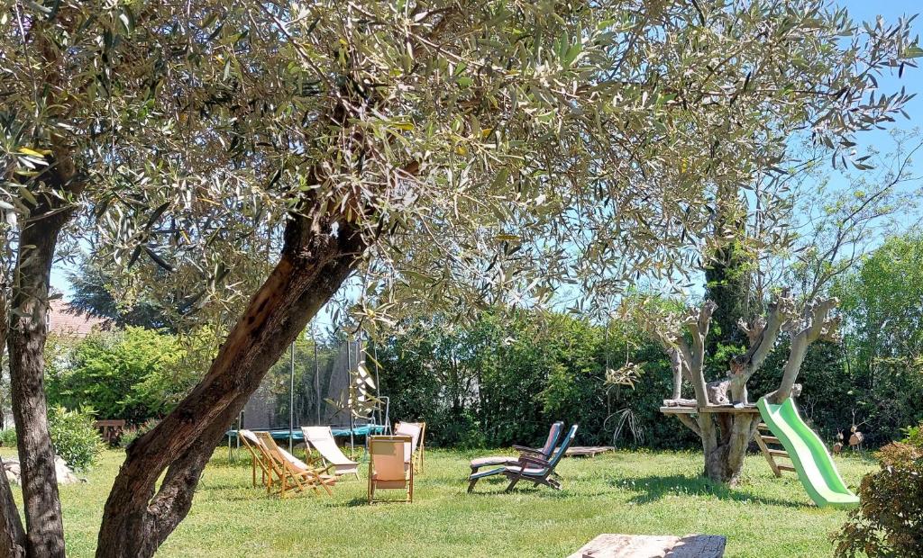 une cour avec des chaises et une aire de jeux avec des arbres dans l'établissement L'Esperluette en Camargue, à Uchaud