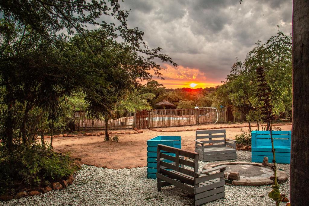 a park with two blue benches and a sunset at Shik Shack Backpackers in Guernsey Nature Reserve