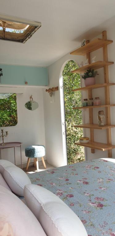 a bedroom with a bed and a book shelf at Le Cocon in Vézénobres