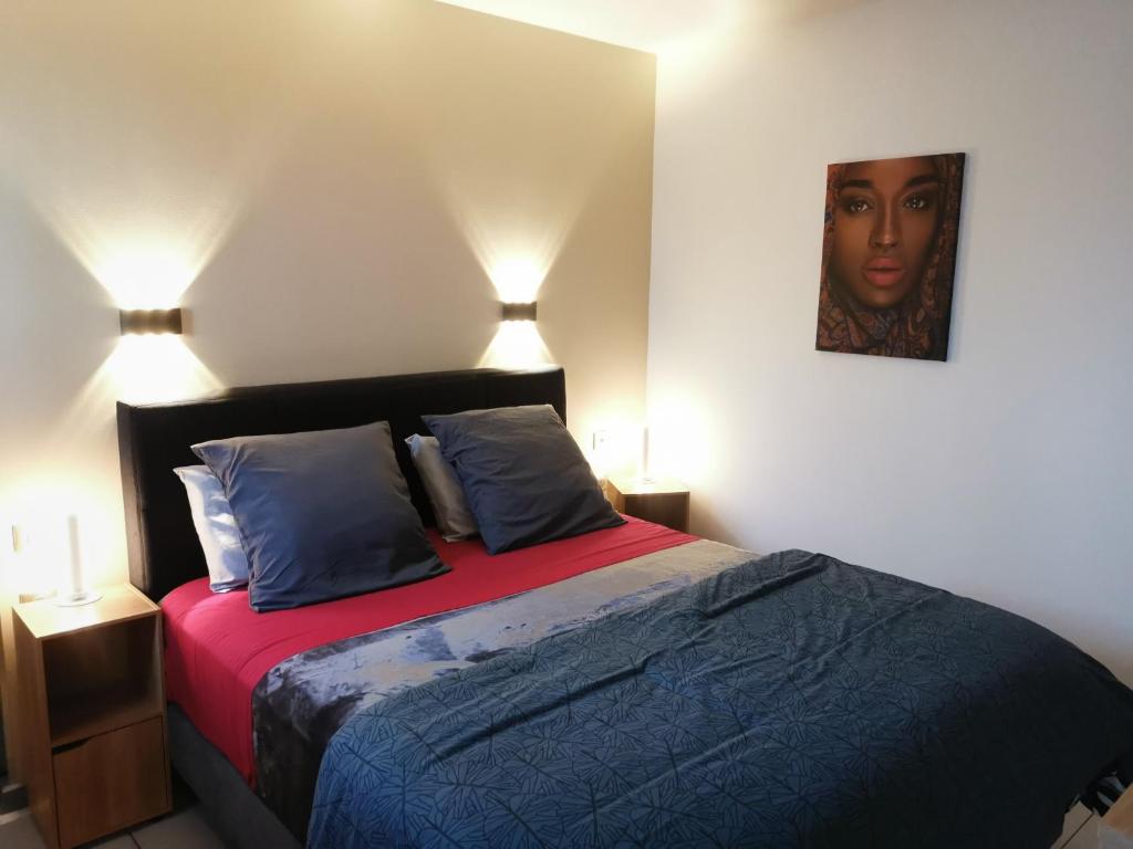 a bedroom with a bed with a painting on the wall at Hostal 170 Room 15 Service Appartement in Le Tampon