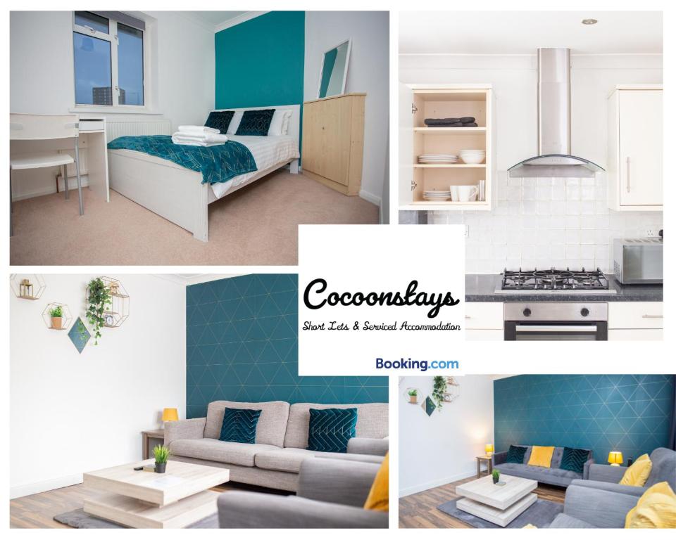 a collage of photos of a kitchen and a living room at Cocooonstays Short Lets & Serviced Accommodation Hayes in Hayes