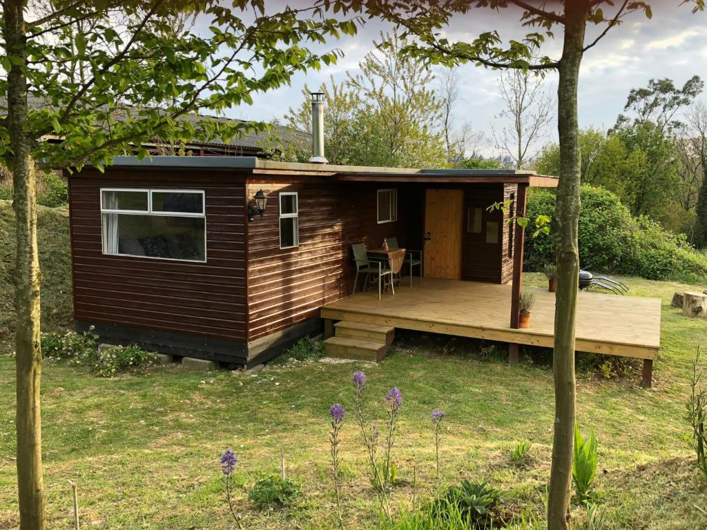 a tiny house with a deck in a yard at Cozy and peaceful cabin 15 mins from Lyme Regis in Bridport