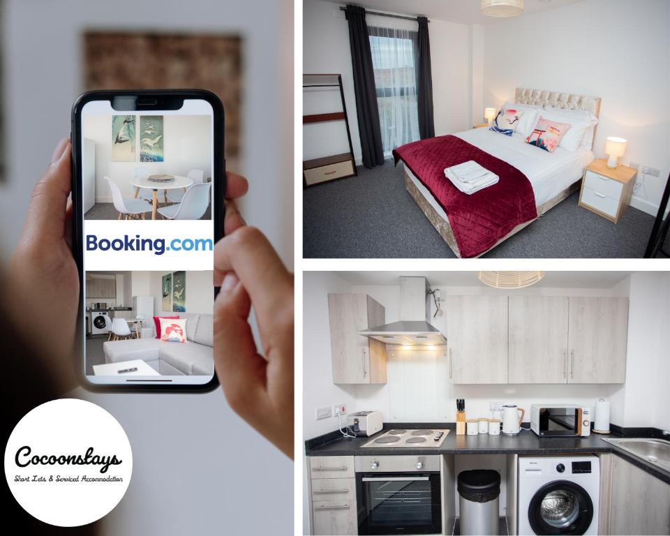 Cocooonstays Short Lets & Accommodation Slough في سلاو: شخص يصور غرفة نوم وغرفة