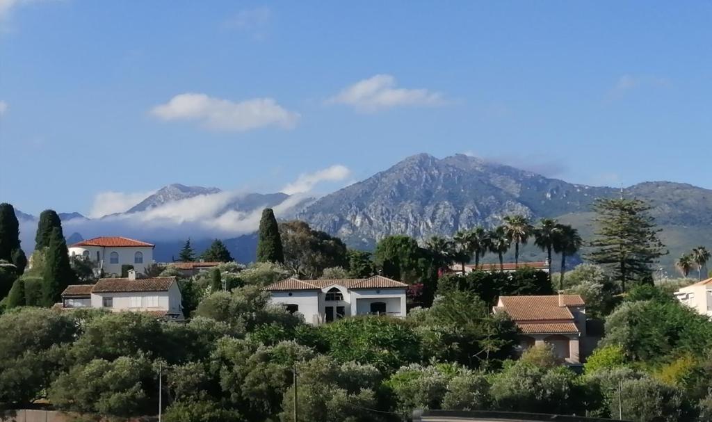 - une vue sur les montagnes, les maisons et les arbres dans l'établissement Emplacement idéal pour cette Maisonnette avec jardin et cuisine d'été, à Roquebrune-Cap-Martin