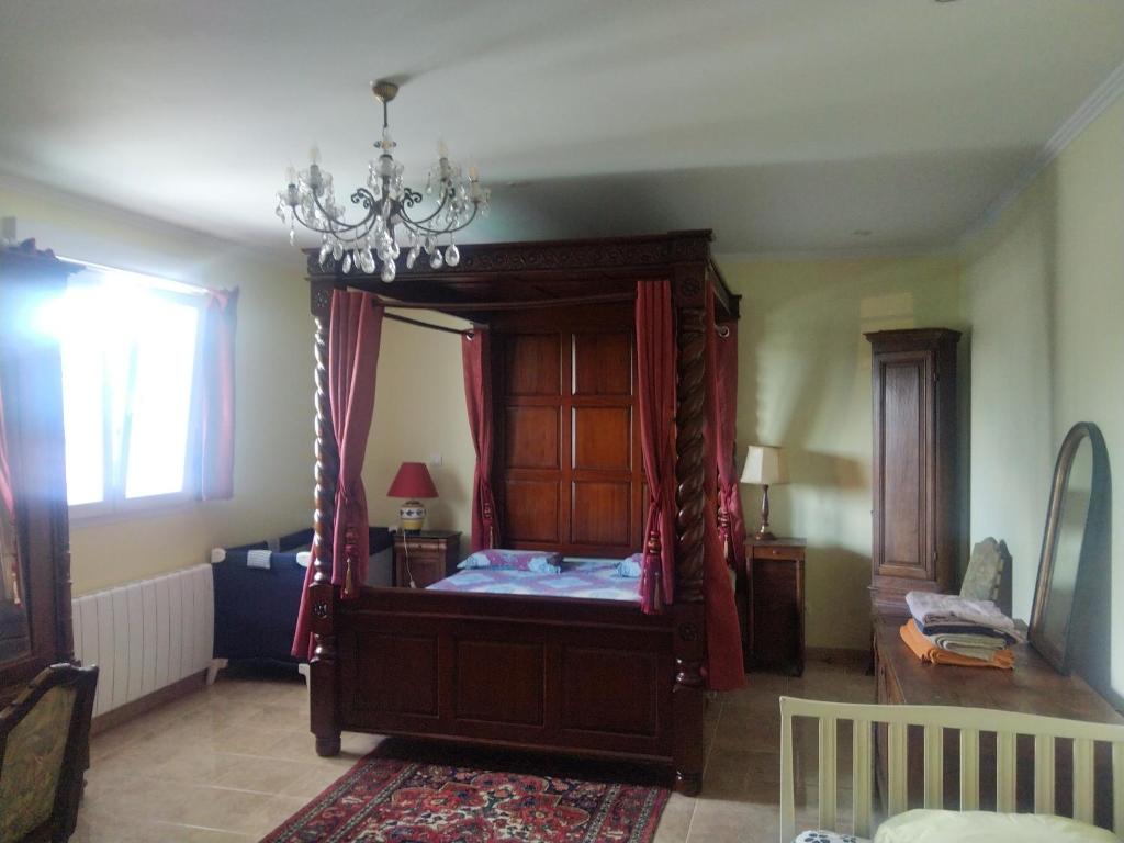 a bedroom with a canopy bed with a chandelier at 4 Chambres meublées et un seul studio avec petite cuisine in Til-Châtel