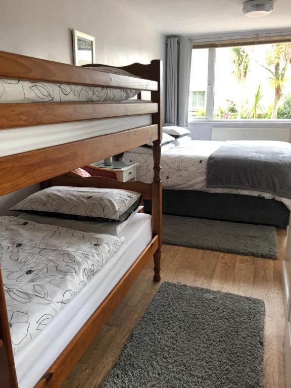 two bunk beds in a room with a window at The Annexe Room Hea Close in Penzance