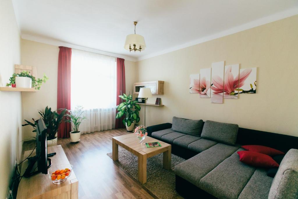a living room with a couch and a table at Riga Street Apartments in Valmiera - 20 in Valmiera