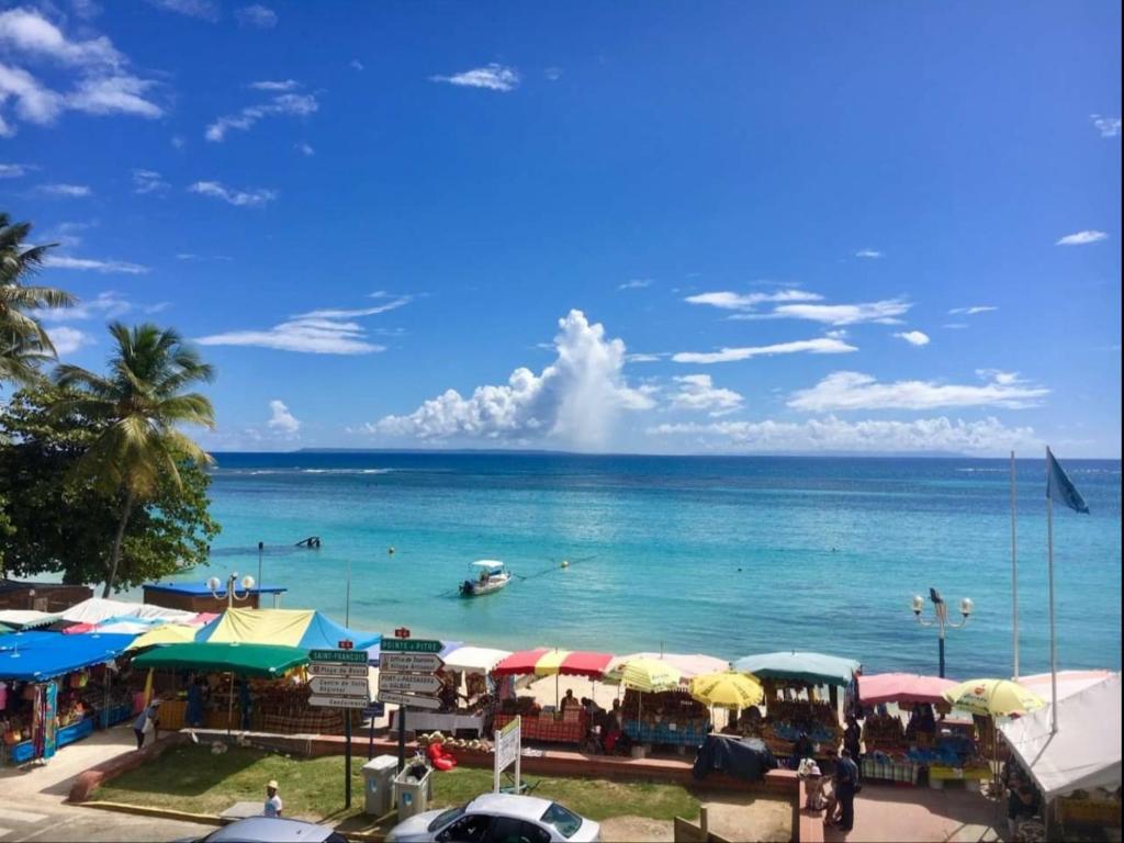 a view of a beach with a boat in the water at Rosa solarium 97 in Sainte-Anne
