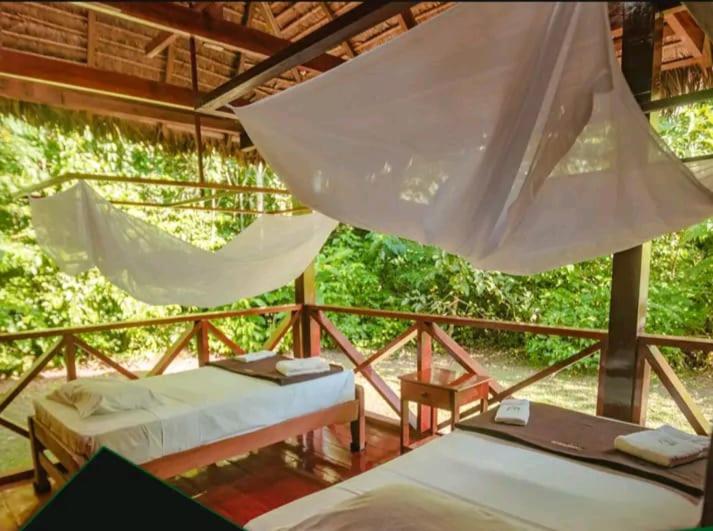 a room with two beds and a roof at Tambopata Edosikiana Lodge in Tambopata