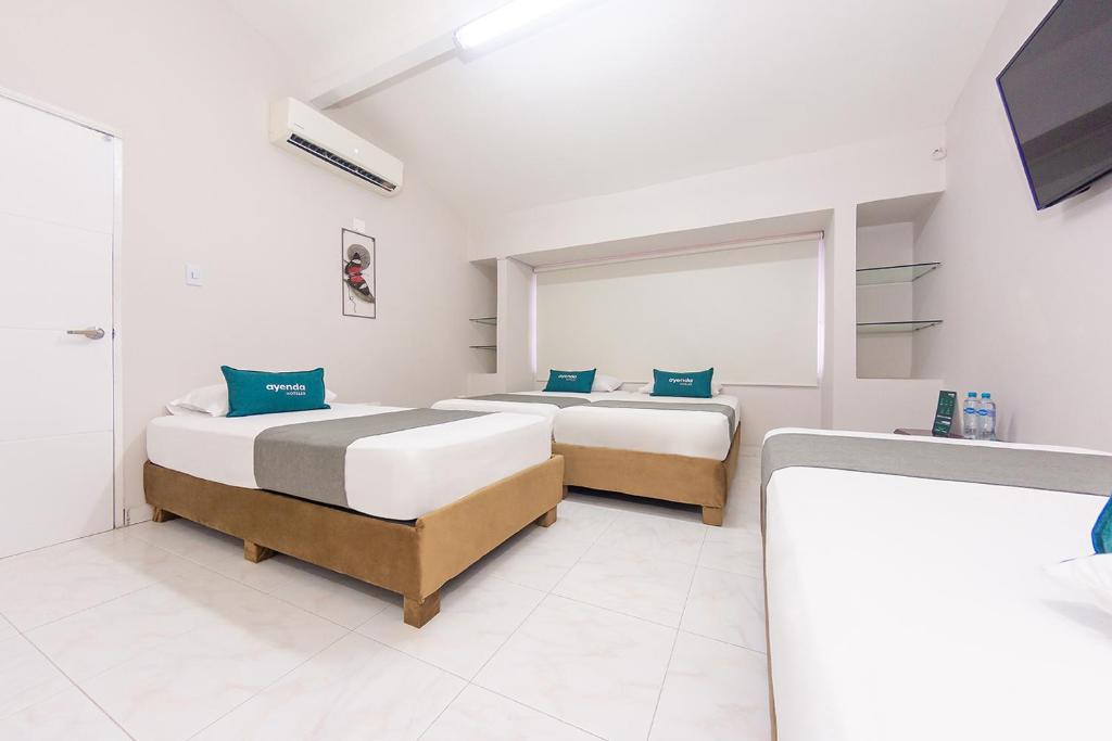 two beds in a white room with a tv at Ayenda Isla de Manga in Cartagena de Indias