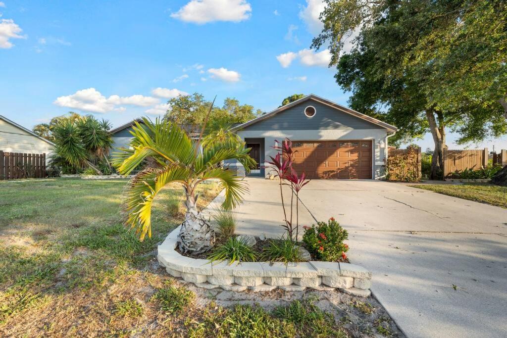 a house with a palm tree in front of a driveway at Cozy home in Gulf Gate in Sarasota
