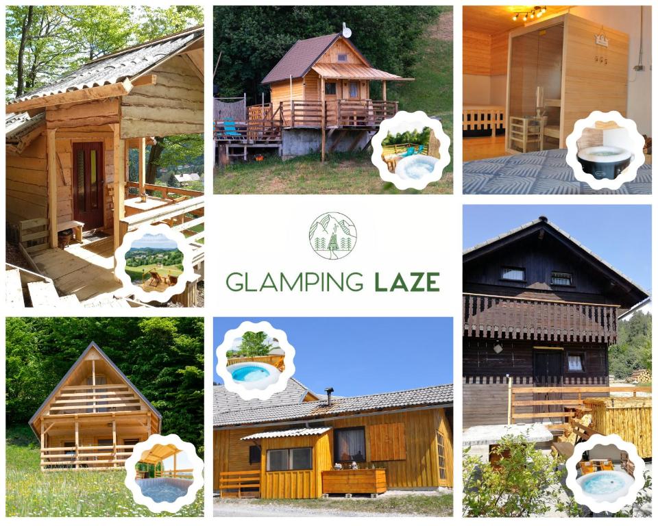 a collage of pictures of a cabin and a gazebo at Glamping Laze in Gorenja Vas