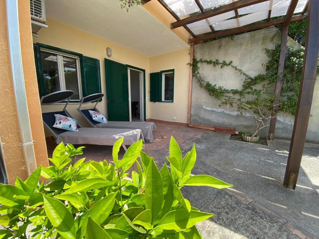 een patio met een bank en enkele groene planten bij Casa Michelino in Parghelia