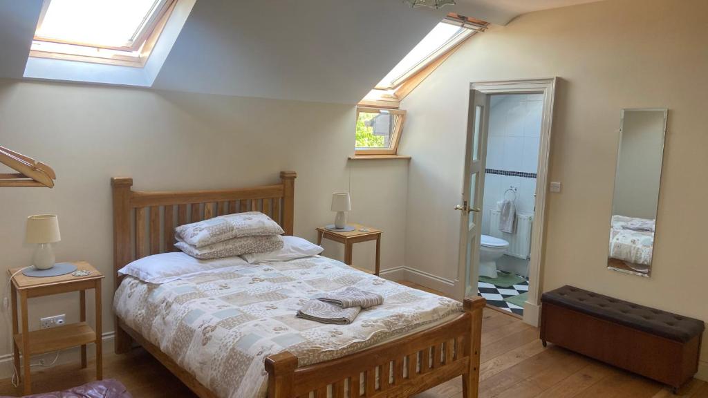 a bedroom with a bed and a bathroom with a shower at Geoghegans Magpie Bar and B&B in Glin