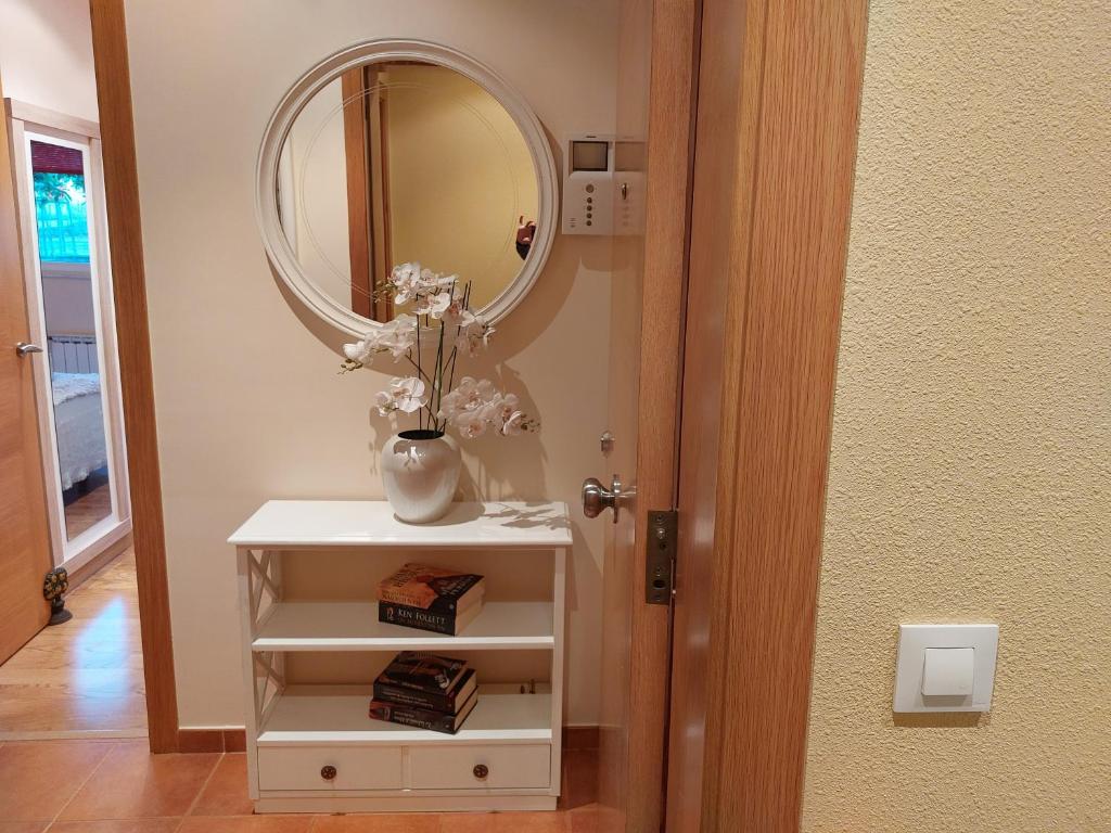 a vase with flowers on a shelf in front of a mirror at Apartamento Vieiro con plaza garaje gratis in Santiago de Compostela