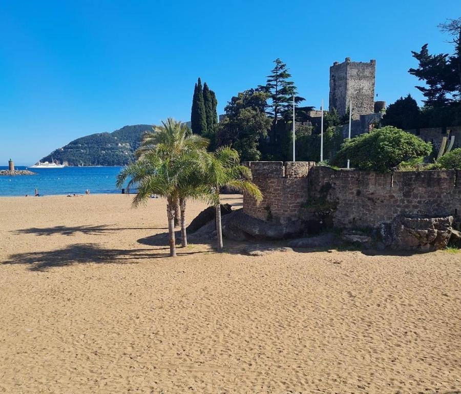 einen Sandstrand mit zwei Palmen und einem Schloss in der Unterkunft Rez de jardin au calme et proche mer in Mandelieu-la-Napoule