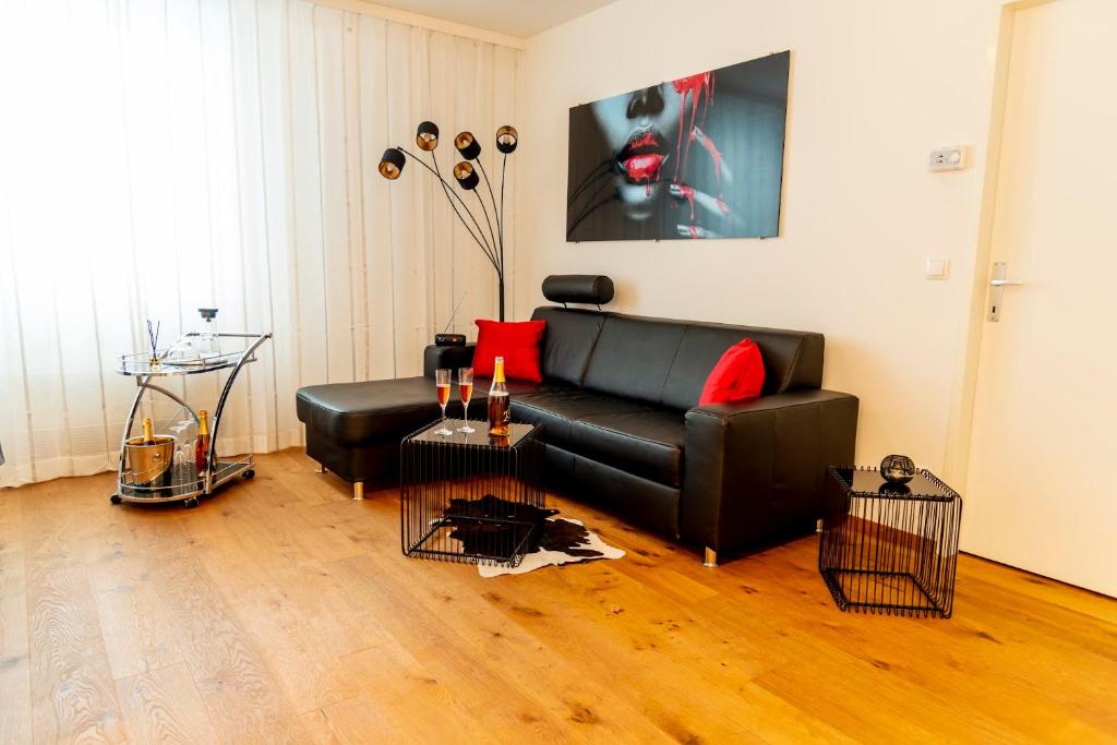 ein Wohnzimmer mit einem schwarzen Ledersofa und roten Kissen in der Unterkunft Wien-Appartement, Contactless - Self-Check-In in Wien