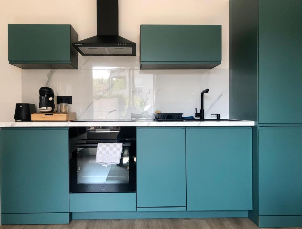 a kitchen with blue cabinets and a stove at Studio calme-équipements haut de gamme in Sarreguemines