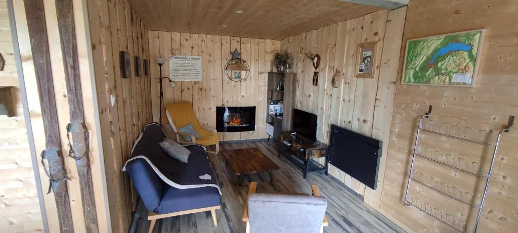 a living room with wooden walls and a fireplace at Cahute de montagne pour profiter du Haut Jura in Prémanon