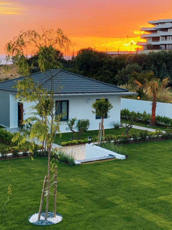 a house with a palm tree in a yard at KADAGAN SUİTES AYASARANDA in Çeşme