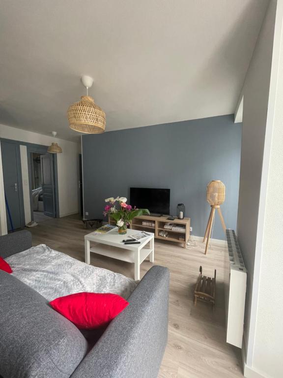 ein Wohnzimmer mit einem Sofa und einem TV in der Unterkunft Bel appartement T3 rénové avec cour intérieure - Villa Marie in Luchon