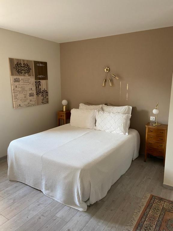 Le Petit-Pressigny的住宿－Les Chambres de l'Aigronne，卧室配有一张带白色床单和枕头的大床。