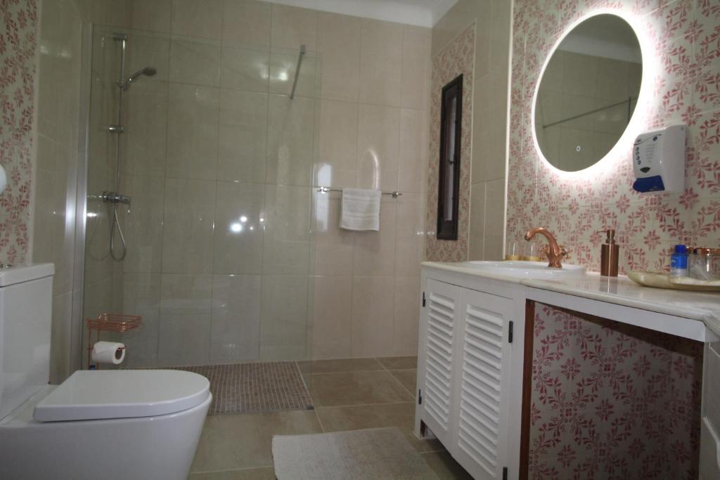 a bathroom with a toilet and a shower and a sink at Casa do Milho in Carvoeiro