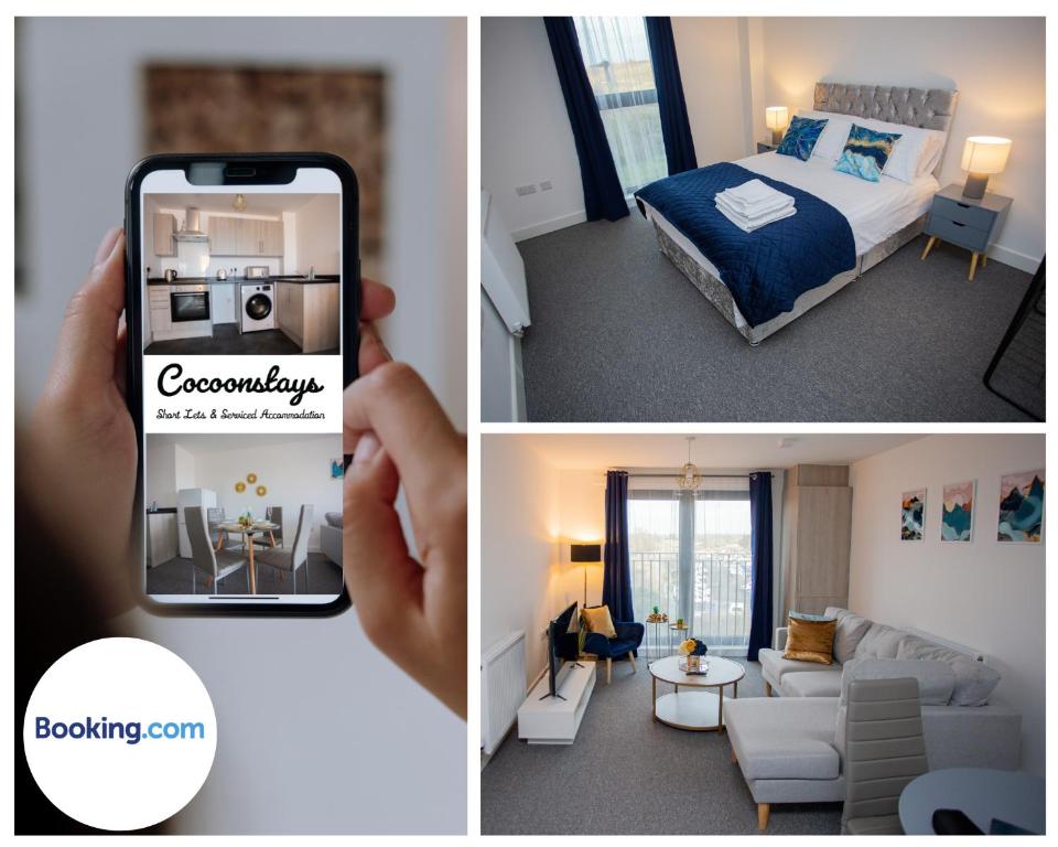 een collage van drie foto's van een kamer bij Cocooonstays Stays Short Lets & Serviced Accommodation Slough in Slough