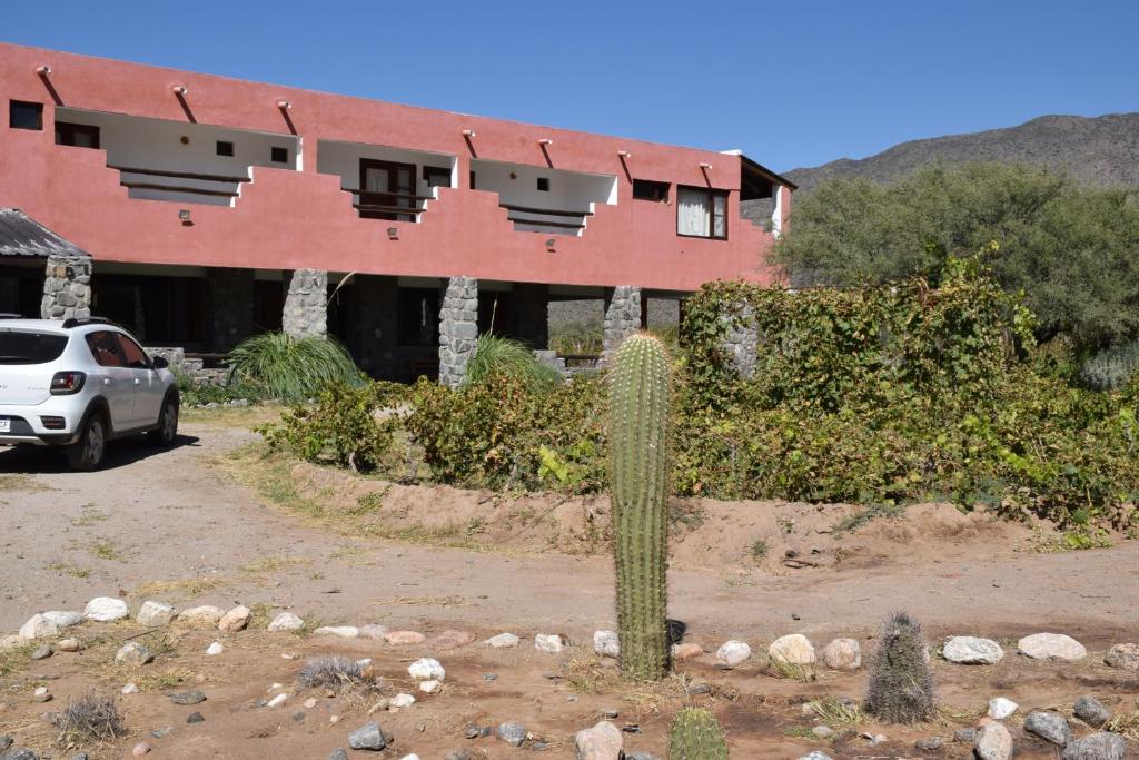 a car parked in front of a house with a cactus at Posada de las Viñas in Tolombón