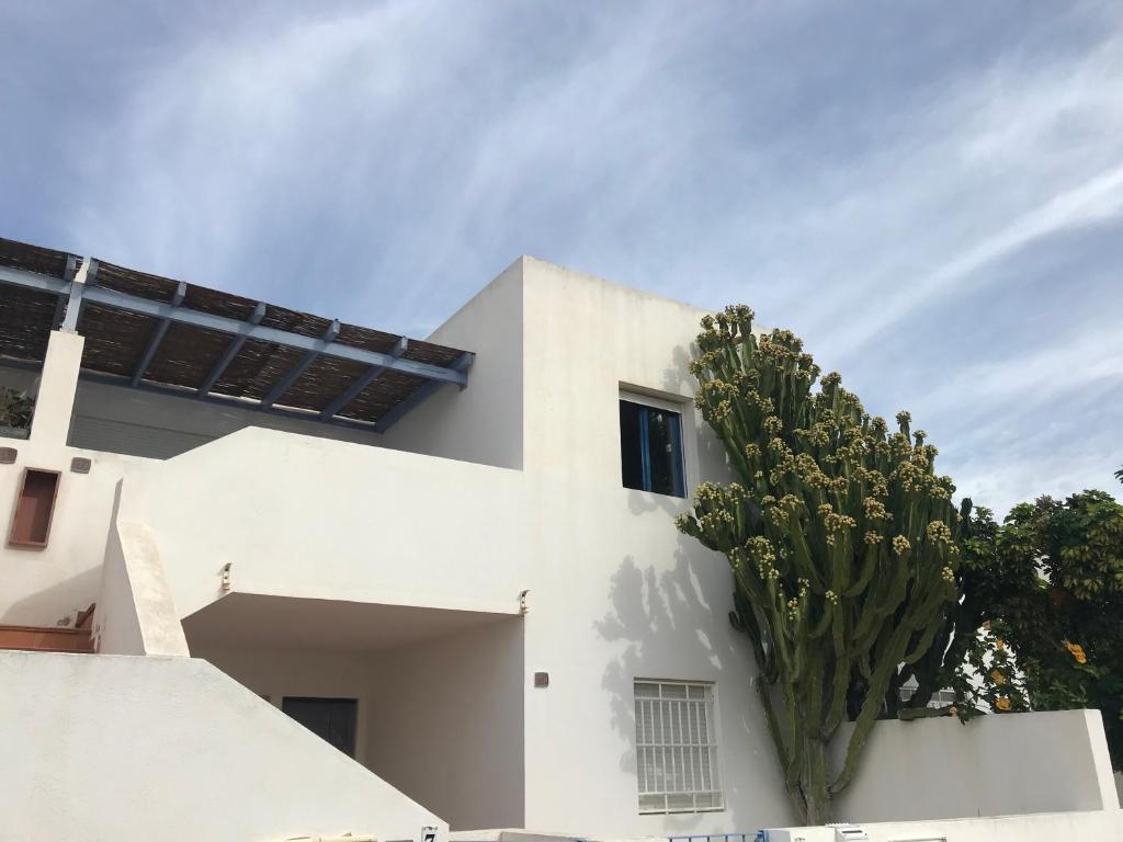 a white church with a cactus in front of it at Apartamento en las Negras, a 1 minuto de la playa in Las Negras