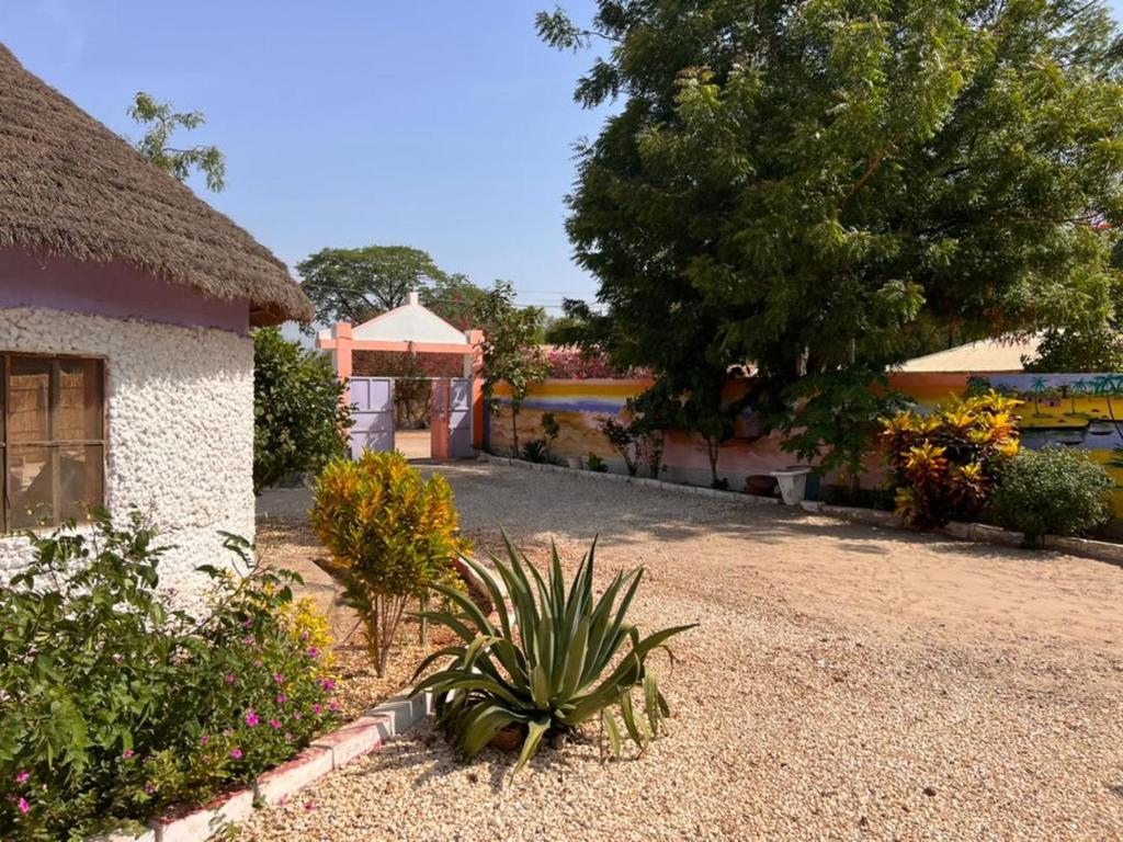 einen Hof mit einem Haus und einem Garten mit Pflanzen in der Unterkunft Nouvelle vision des coquillages CHEZ NABOU in Toubakouta