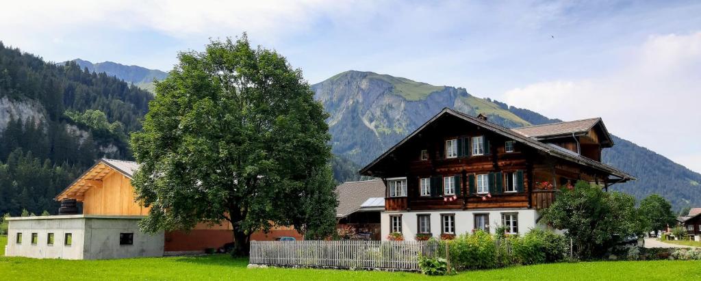 ein Haus auf einem Feld mit einem Baum und einem Berg in der Unterkunft Bühlerhof in Lenk im Simmental