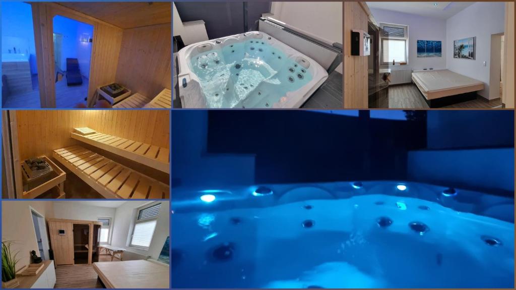 eine Collage mit Bildern eines Zimmers und einer Badewanne in der Unterkunft Apartment mit Whirlpool, Wasserbett & Sauna in Gelsenkirchen