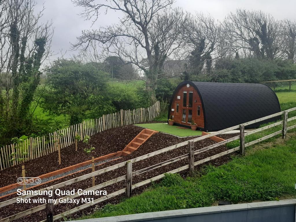 a small shed in a garden next to a fence at Ivy hill Glamping Pod in Ennis