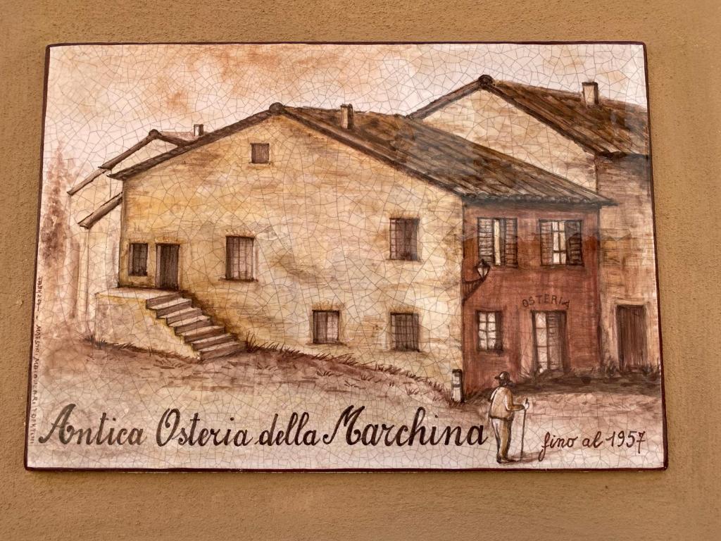un dibujo de una casa con un hombre parado frente a ella en Residence La MARCHINA, en Castel Bolognese