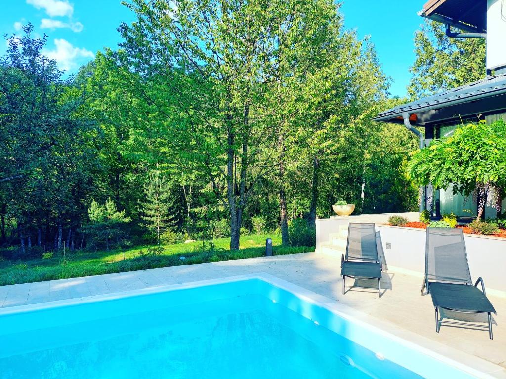 a swimming pool in a backyard with two chairs at Villa Pampas in Banja Luka