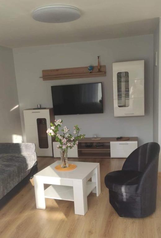 ein Wohnzimmer mit einer Couch und einem Tisch mit einer Blumenvase in der Unterkunft Butas miesto centre/ Apartment in the city center in Šiauliai
