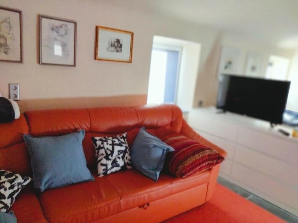 ein orangefarbenes Sofa mit Kissen darauf im Wohnzimmer in der Unterkunft Zelfies Kunstapartment. in Nonnweiler