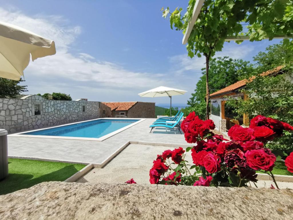 a villa with a swimming pool and red roses at House Green Point in Grižane