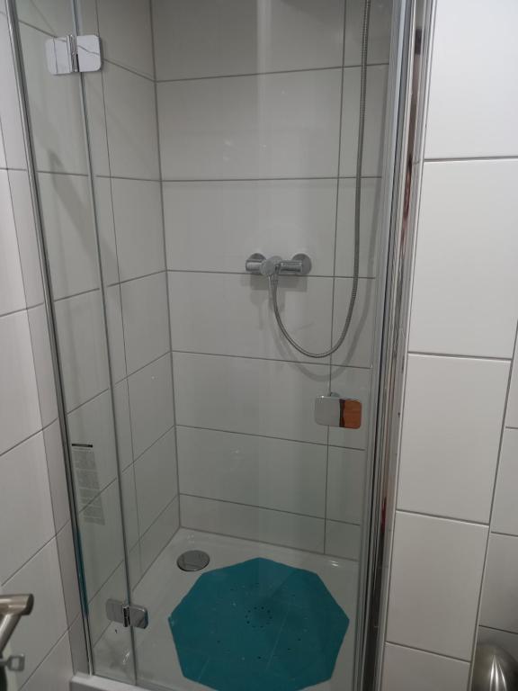a bathroom with a shower with a blue mat in it at Rheinapartment 8 in Bad Hönningen