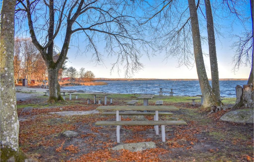 a wooden picnic table in front of a lake at Stunning Apartment In Sölvesborg in Sölvesborg