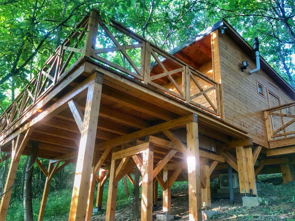 uma grande casa de madeira na floresta em Őzlak Lombház em Zalaújlak