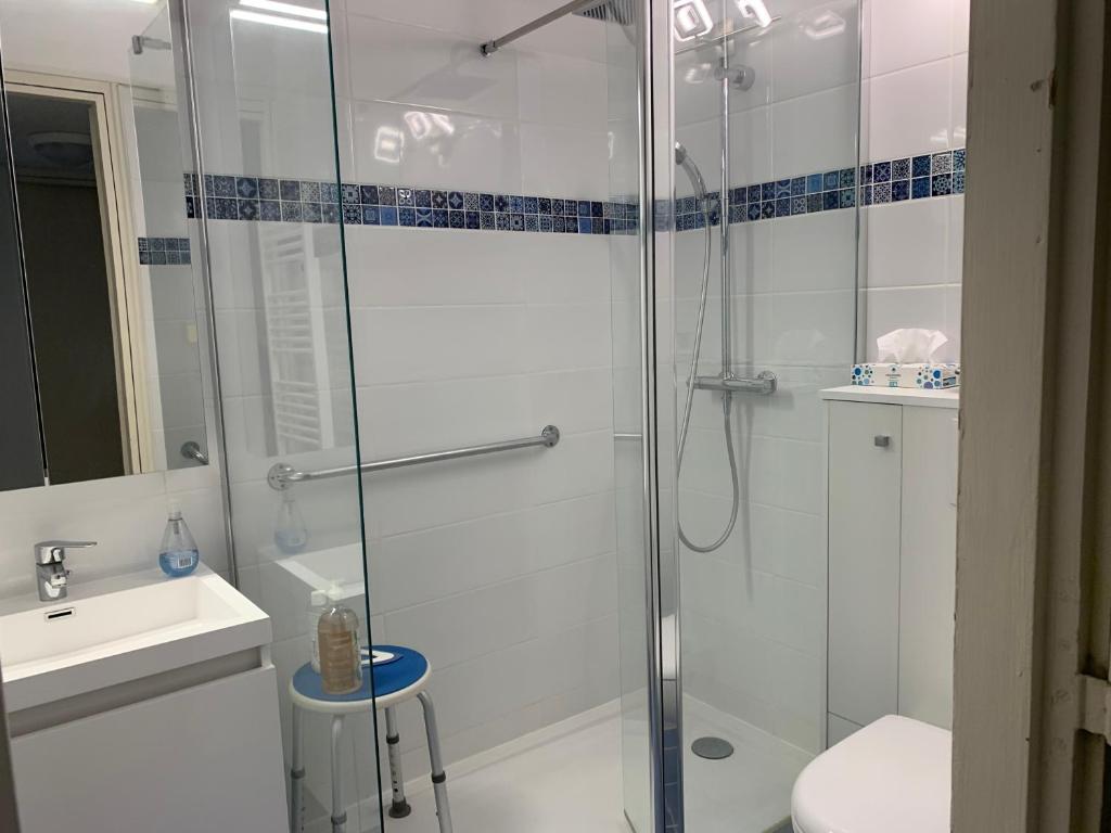 a bathroom with a shower and a toilet and a sink at Chambre d'hôtes Fauvart Antony Réal in Orange